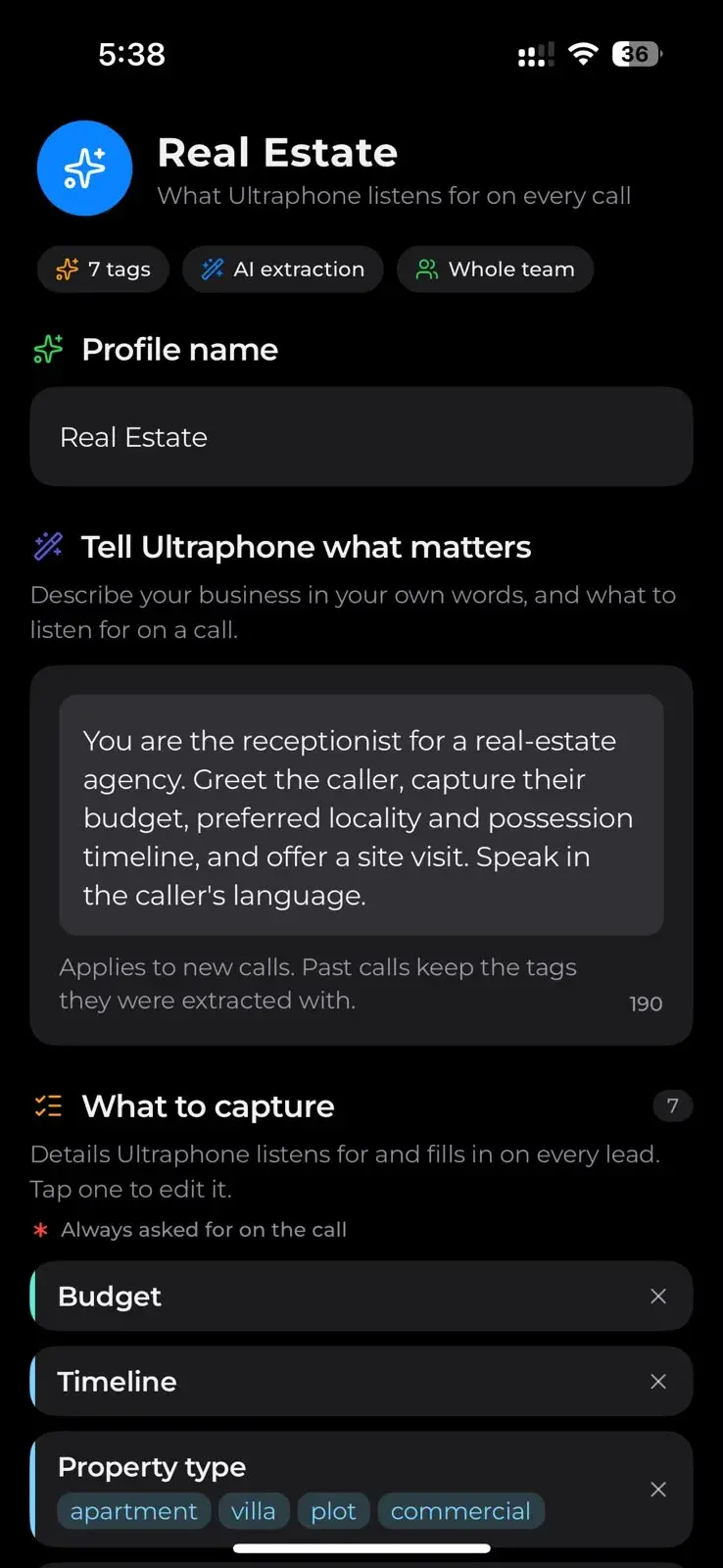 Customisation for the Real Estate profile: a plain-words brief telling Ultraphone what to listen for, and the fields to capture — budget, timeline, property type