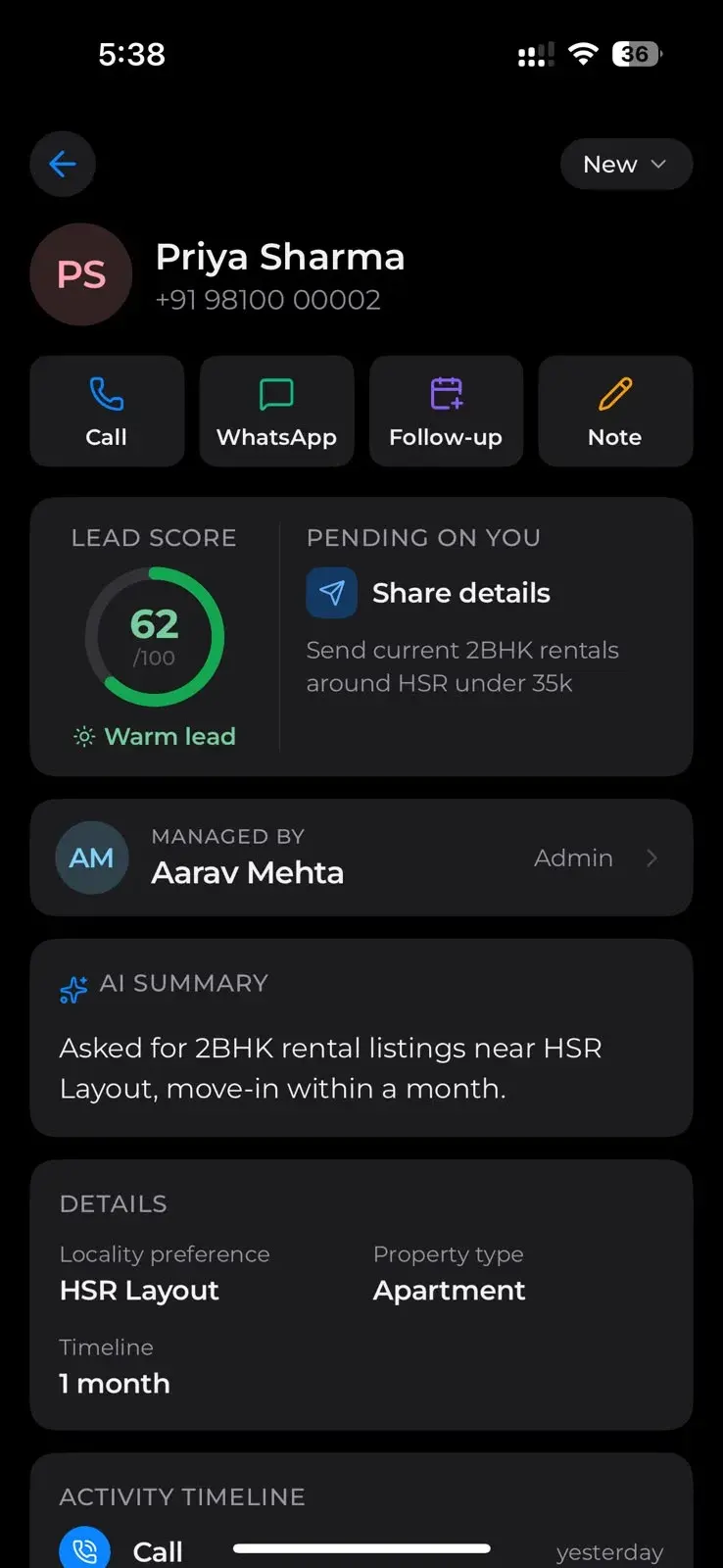 Lead detail for Priya Sharma: score 62, warm, with Share details pending — send current 2BHK rentals around HSR under 35k