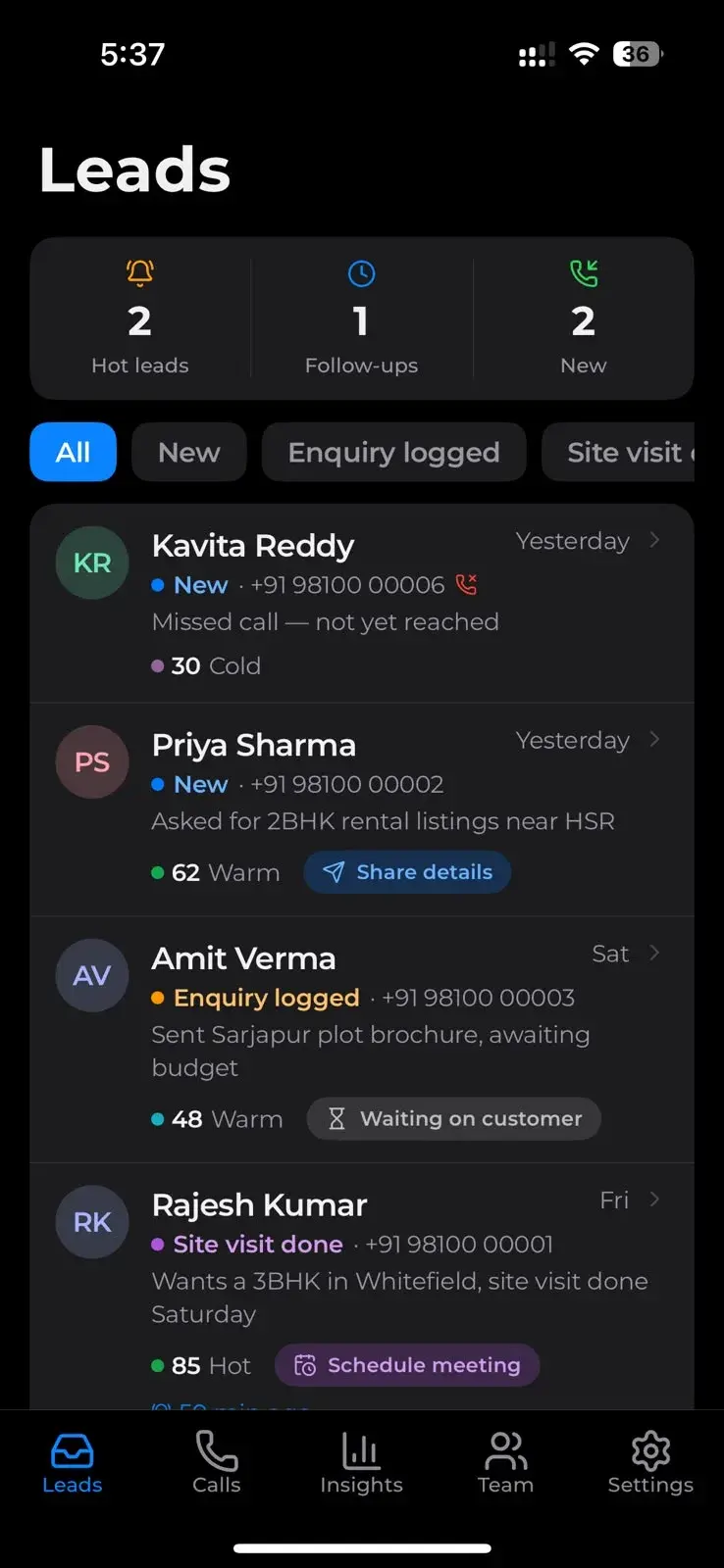 Leads list with a missed call from Kavita Reddy marked not yet reached